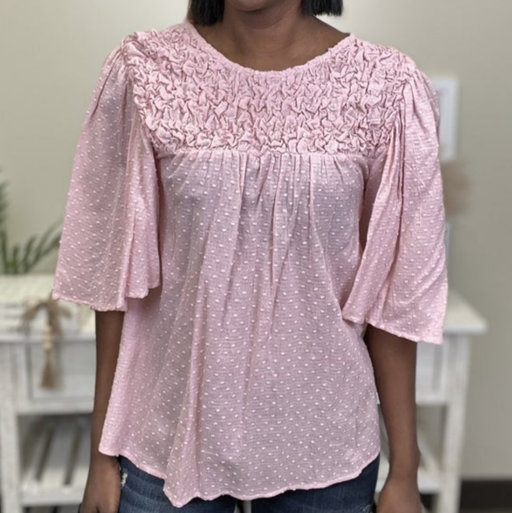 Blouse with smocked bust and wide ruffled sleeves